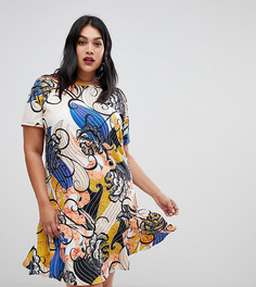 Платье с ярким цветочным принтом и оборкой на подоле AX Paris Plus - Мульти