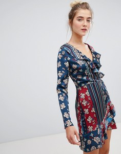 Платье в полоску с цветочным принтом и запахом Parisian - Мульти