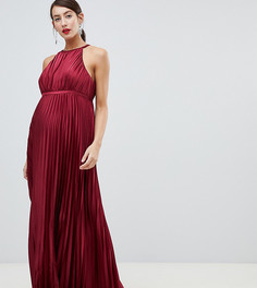 Бордовое атласное платье макси с высоким воротом для беременных Chi Chi London Maternity - Красный