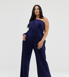 Комбинезон на одно плечо с плиссировкой ASOS DESIGN Curve - Темно-синий