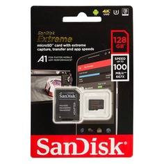 Карта памяти microSDXC UHS-I SANDISK Extreme 128 ГБ, 100 МБ/с, 667X, Class 10, SDSQXAF-128G-GN6MA, 1 шт., переходник SD