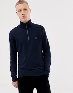 Темно-синий трикотажный джемпер из хлопка пима с короткой молнией и логотипом Original Penguin - Темно-синий