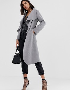 Серое oversize-пальто с драпировкой и поясом PrettyLittleThing - Серый