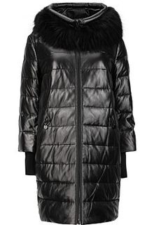 Кожаное полупальто с отделкой мехом енота и трикотажными манжетами La Reine Blanche