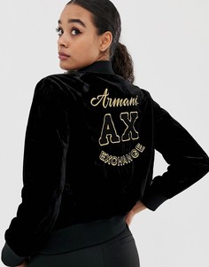 Бархатный бомбер с вышивкой Armani Exchange - Черный