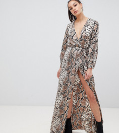 Платье макси с запахом, разрезом и змеиным принтом Missguided Tall - Коричневый