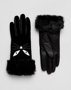 Перчатки с аппликацией в виде кошки Alice Hannah - Черный