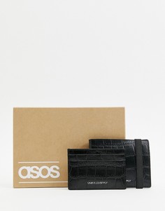 Набор из кожаного бумажника и кошелька для карт с текстурой крокодиловой кожи ASOS DESIGN - Черный
