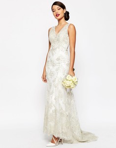 Кружевное платье макси со шлейфом и пуговицами сзади ASOS BRIDAL - Серебряный