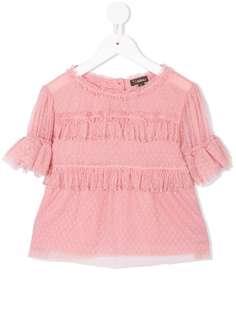 Velveteen mesh overlat ruffle T-shirt
