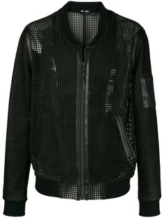 Blk Dnm collarless leather mesh-like jacket