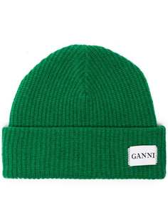 Ganni вязаная шапка бини с логотипом