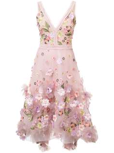 Marchesa Notte платье миди с цветочной аппликацией
