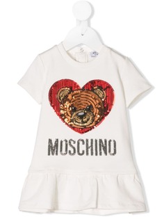 Moschino Kids платье с изображением медведя в сердце с пайетками