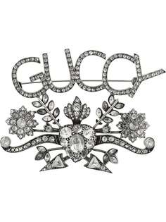 Gucci брошь с логотипом Guccy и кристаллами