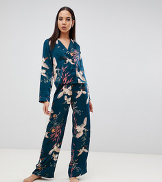 Двубортная рубашка и пижамные штаны с принтом птиц ASOS DESIGN Tall - Синий