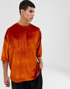 Свободная темно-оранжевая футболка из велюра с рукавами до локтя ASOS DESIGN - Оранжевый