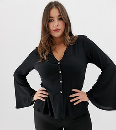 Черная блузка на пуговицах с баской и широкими рукавами Missguided Plus - Черный