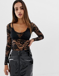 Черное кружевное боди с длинными рукавами и сетчатыми вставками PrettyLittleThing - Черный