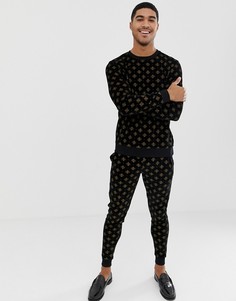Черный спортивный костюм из велюра с золотистым узором ASOS DESIGN - Черный