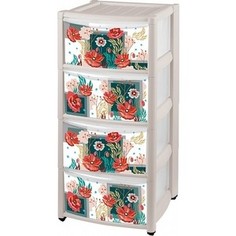 Комод на колесах Бытпласт с аппликацией 4 ящика (принт цветы), 390х370х785мм