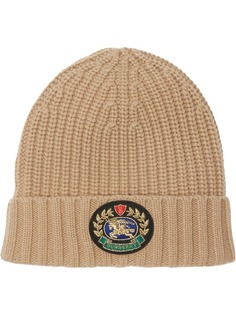 Burberry Embroidered Crest Rib Knit Wool Cashmere Beanie