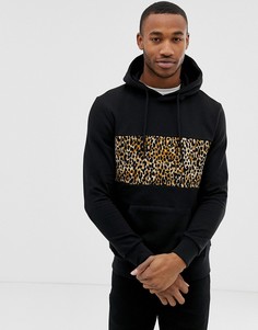 Черный худи с леопардовым принтом на груди Bershka - Черный