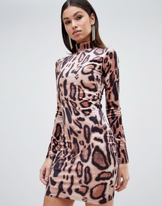 Бархатное облегающее платье мини с леопардовым принтом и высоким воротом Club L - Мульти