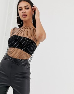 Черный сетчатый топ со стразами PrettyLittleThing - Черный