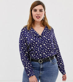 Атласная блузка в винтажном стиле с отложным воротником и цветочным принтом Glamorous Curve - Темно-синий
