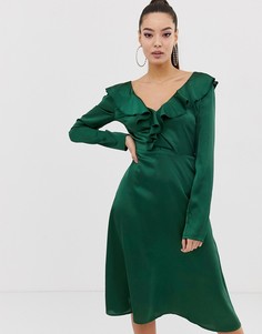 Зеленое атласное платье миди с оборками и V-образным вырезом Missguided - Зеленый
