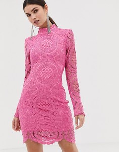 Кружевное платье мини с высоким воротом и длинными рукавами Girl In Mind - Розовый