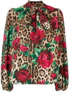 Dolce & Gabbana леопардовая блузка с завязкой на бант и принтом роз