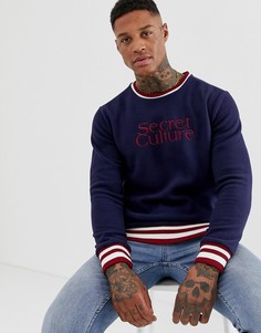 Темно-синий свитшот с искусственным мехом и вышитой надписью Pull&Bear - Темно-синий