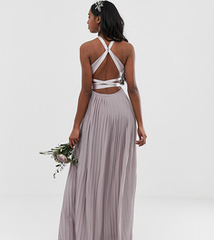 Плиссированное платье макси с перекрестной отделкой и бантом на спине TFNC Tall Bridesmaid - Серый