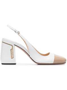 Prada white and beige two tone 85 patent leather slingback pumps