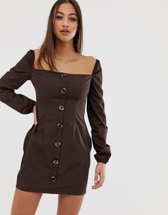 Платье мини шоколадного цвета с квадратным вырезом и пуговицами PrettyLittleThing - Коричневый