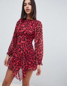 Платье мини с леопардовым принтом и длинными рукавами Girl In Mind - Мульти