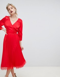 Платье миди с кружевом и плиссированной юбкой Liquorish - Красный