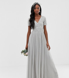 Серое платье макси из тюля с V-образным вырезом и однотонными пайетками Maya Tall Bridesmaid - Серый