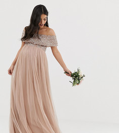 Розовое платье макси из тюля с широким вырезом и однотонными пайетками Maya Maternity Bridesmaid - Коричневый