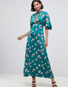 Платье макси с рукавами-кимоно, вырезом капелькой и цветочным принтом Liquorish - Зеленый