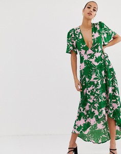 Зеленое платье миди с тропическим пальмовым принтом и глубоким вырезом Missguided - Мульти