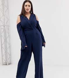 Комбинезон в стиле смокинга с открытыми плечами и поясом ASOS CURVE - Темно-синий