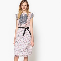 Платье с цветочным рисунком и небольшими воланами в полоску спереди Mademoiselle R