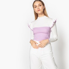 Пуловер двухцветный с воротником-стойкой и воланами Mademoiselle R