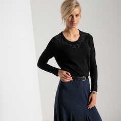 Пуловер с круглым вырезом, оригинальной отделкой бисером и длинными рукавами Anne Weyburn