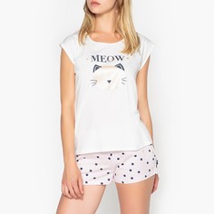 Пижама с шортами из хлопка с принтом кошка La Redoute Collections
