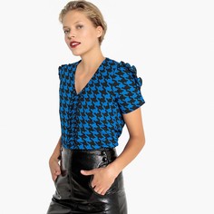 Блузка с V-образным вырезом, рисунком в ломаную клетку и воланами La Redoute Collections