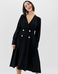 Черное платье миди с V-образным вырезом и пуговицами Monki - Черный